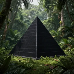 pyramid that is black, in the jungle, plants environment, wide angle, cinematic lighting, atmospheric, realistic, octane render, highly detailed, in the style of craig mullins