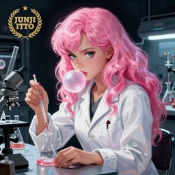 realistic dark retro pulp sci - fi colored manga illustration of princess bubblegum by junji ito, with pink hair made of bubblegum, confident scientist performing experiments in her lab