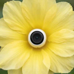 A macro photo of a beautiful yellow flower, in the middle is a web camera and USB port, computer ports, biotech, petals fill the image, water droplets glisten, dew, bokeh, luscious green foliage