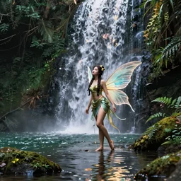 beautiful asian fairy nymph in beautiful nature with waterfall flowing over it, octane, redshift, photorealism, hyperdetailed, overgrown, small lake with reflections