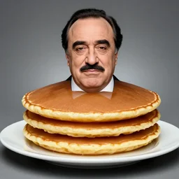 studio photograph of a pancake that looks like danny devito
