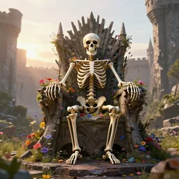 a human skeleton full of flowers sitting in a destroyed and ruined throne in a ruined castle at sunrise, concept art, octane render, unreal engine 5, trending on Artstation, high quality, 8K, soft lighting, trending on DeviantArt, highly detailed, digital art, hyperrealistic, path traced, godrays, complementary colors, natural lighting
