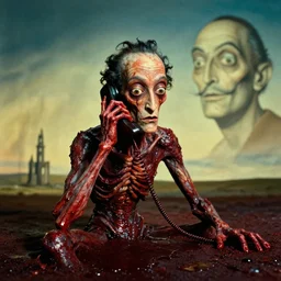 the strange creature talks on the phone, made of blood, film still from the movie directed by Denis Villeneuve with art direction by Salvador Dalí, wide lens