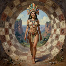 beautiful aztec inca woman pacing to valley by eddie mendoza hyperrealism expressive eyes cyborgess tunnel checkmates symmetrical very very detailed giger beksinski