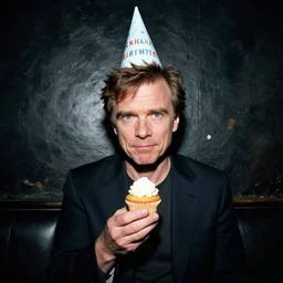 portrait photo still of peter dinklage holding a cupcake wearing a birthday hat, in a dark and grimey club, 8 k, 8 5 mm f 1. 8
