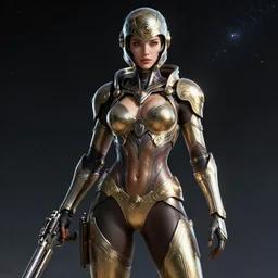 sexy warrior ornate feminine cyborg in full body skin space suit, arab helmet, concept art, joshua rife, gun, intricate, highlydetailed, space background, artstation 4 k raytracing, shadows, highlights, illumination