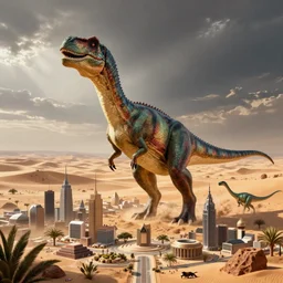 a utopia of dinosaurs in a desert city, in the style of james gurney, by beeple, by rhads