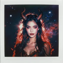 weathered old analog polaroid portrait photograph of an attractive female devil with horns, horror, monster, demon, azure and red tones, space, stars, nebula, lensflare, sunlight, glare, depth of field, bokeh, filmgrain, red color bleed