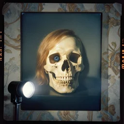 kodak portra 4 0 0, wetplate, flashlight, 8 5 mm carl zeiss, blueberry, award - winning colour portrait by britt marling : a sunlit rock and roll skull, quadratic quadratic picture frames, haze, wallpaper, fog, no people