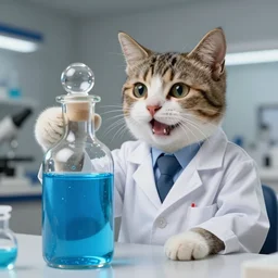 an happy cat dressed as a scientist looking at a modern transparent little bottle filled with vivid blue iridescent liquid, art highly detailed, by frank frazetta, keith parkinson and greg rutkowski and aleksandra skiba, concept art,