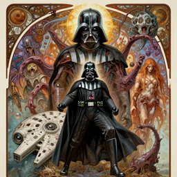 platonic ideal star wars, malignant diesel punk chtulu nazgul mandelbulb, detahstar, millenium falcon, detailed, darth vader, action pose, intricate, volumetric lighting, hyperrealism, intense, scary, decay, artgerm, moebius, dan mumford, alphonse mucha, poster,