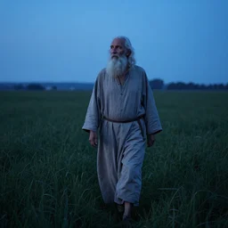 old prophet wandering about a meadow. blue hour. cool twilight lighting. iso 1 2 0 0
