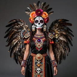 lady, mid - waist self - portrait, perfect symmetry, intricate, dia de los muertos, skulls and flowers mask, aztec ultra detailed feathered dress 4 k resolution, octane rendering, ultra realistic, photo realism, beeple, 2 0 mm