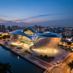 exterior aerial view a museum all lit up next to river and road, led strips around the building, day time, air with dusk and star, zaha hadid, global illumination, cinematic, ultra detailed 3 d render, vibrant, 8 0 k, octane render, ultrarealistic