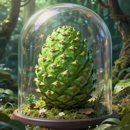 matte painting of the last ever oversized light green pinecone, in frame. found in a glass dome in an abandoned jungle temple. detailed concept art by hayao miyazaki. volumetric lighting, god rays, atmospheric, mysterious, sense of awe. trending on artstation