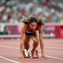allyson felix, at the 2 0 0 - meter starting line, olympic trials, sports photography in the style of neil leifer, bokeh