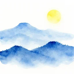 water color painting of layered blue mountains with a white background and a bright yellow sun. beautiful serene calming.