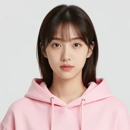 young woman in pink hoodie, studio photo, close up