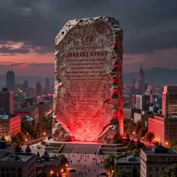 a huge broken stone tablet with red light stands in the center of a prosperous city, at the end of the world, by andrzej sykut, artstation,