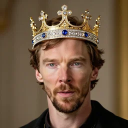 Benedict Cumberbatch with a diamond jeweled crown with a golden crown, photorealistic, highly detailed, 8k, in the art style of Filip Hodas, 8k