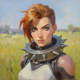 oil painting of tracer overwatch in a field wearing thick spiked collar around neck, in style of greg rutkowski, expressive face, wearing choker, large steel collar, steel choker, wearing collar on neck, detailed face, detailed eyes, full body, feminine face, tracer overwatch,