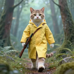 portait of a humanoid cat soldier wearing a yellow raincoat, venturing through a dense forest, carrying a rifle. realistic 4 k octane render, epic composition, magical atmosphere, ultra hd, masterpiece by pascal campion and anton fadeev, trending on artstation, walking towards the camera, pastel colors, extremely detailed, gorgeous