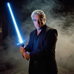 Guy Fieri in Star Wars, Jedi Knight, blue light saber, cinestill 400t film, 35mm lens, by Stanly Kubrick, dim scene, smoke, fog