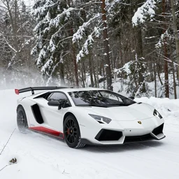 a 2 0 0 8 lamborghini reventon, racing through a rally stage in a snowy forest