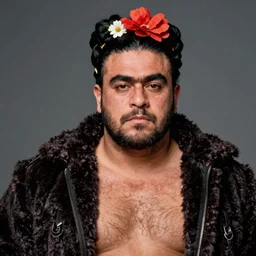 portrait of a fat hairy wrestler with a dark furry jacket, mamiya, f 1. 7, in the style of frida kahlo and robert rauschenberg