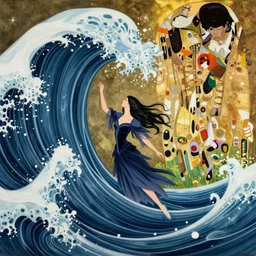 a sea witch summoning a giant wave by dan mumford and gustav klimt and john harris and jean delville and victo ngai, highly detailed, photorealism, hyperrealistic, art deco, art nouveau