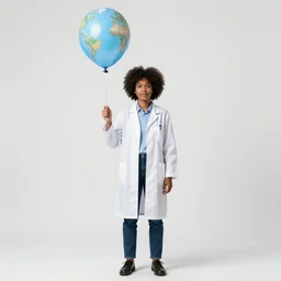 afro-haired meteorologist with weather balloon, photorealistic portrait photography, full body, standing, isolated on a pure white background, centered, whole figure in frame, sharp focus, studio lighting