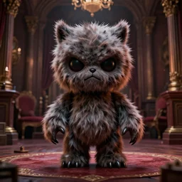 a photo of extremely scary monster toy covered in fur, standing in the secret room of a mansion, digital art