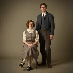 a beautiful ultradetailed fine art old vintage couples portrait photo of two people sitting on a chair and standing, by tom bagshaw and zach sutton, couples portrait, vignette, 35mm lens, golden ratio composition, studio photography, very detailed, humanoids, artstation, 8k, highly coherent