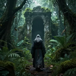 a wise wizard walking towards an ominous ruin in a densely overgrown, eerie jungle, fantasy, stopped in time, dreamlike light incidence, ultra realistic