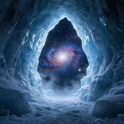 a beautiful digital artwork of an ice cave being a portal to a galaxy, stars in the background, high quality, stunning, volumetric shadows, haze, master level composition