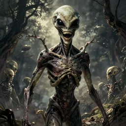 humanoid with crooked teeth, black eyes, gaping mouth, alien looking, big forehead, horrifying, killer, creepy, dead, monster, tall, skinny, open mouth, skullish, deathly, in the style of alfred kubin