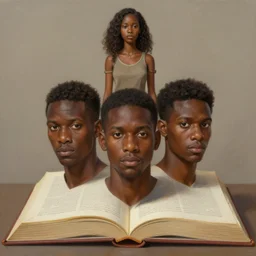 a painting of three brown men and a brown woman standing on top of a giant open book, hyperrealistic faces, detailed digital art, aesthetic!, trending on artstation