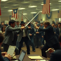 people sword fighting at real estate auction, cinematic mid shots, high saturation color, where's wally