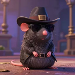 a still of an anthropomorphic gangster rat, wearing sunglasses and a mafia-style hat, long fur, sitting on a tf2 scene in a DIsney Pixar movie, 35mm f2.8, 4k, artstation, PBR materials, Pixar renderman render