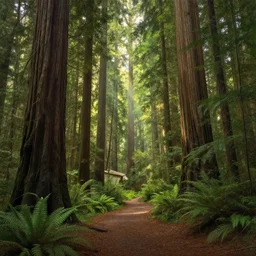 a peaceful sanctuary in a beautiful california redwood forest, light streams through the trees, art by albert bierstadt and greg rutkowski, hyperrealism