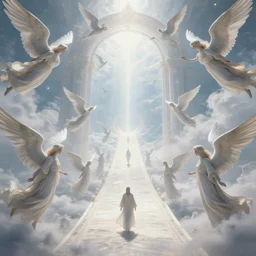 a way to go to heaven. very beautiful and peaceful celestial way in the sky to go to the gate of heaven. we can see very detailed angels fly near this way. souls are across the way. white ominous. volumetric light, intricate, very beautiful fantasy art, digital illustration. unreal engine 5 rendering.