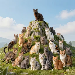 a mountain made out of colorful cats, photography