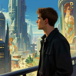 a man staring forlornly at a futuristic utopian city he has been cast out of. hyper detailed, octane render, vivid colors, artstation, by jeremy mann, by alphonse mucha, by boris vallejo - h 7 6 8