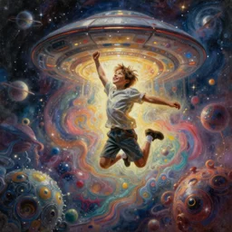 a hyper detailed high painting with many complex textures of a boy playing and jumping, just being happy and free in the cosmos, cosmic surreal psychedelic magic realism spiritual ufo art, conceptual fine art