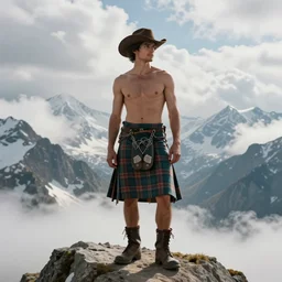 a homoerotic portrait by greg rutkowski and albert bierstadt and bill ward of a shirtless desi hiker on a mountain peak | he is wearing a revealing tartan kilt, cowboy hat, and leather boots | background is snowy mountains and clouds | detailed face, ethereal, dreamlike | trending on artstation