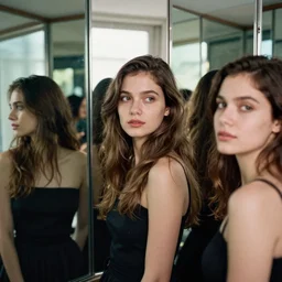 a stunning portrait of an beautiful woman in a room of mirrors, epic character composition, by katsura masakazu, alessio albi, ilya kuvshinov, nina masic, soft focus, vertical portrait, natural lighting, f 2, 5 0 mm, classic chrome, film grain, cinematic lighting
