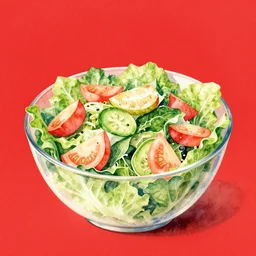 salad, kseniia yeromenko, rob duenas, watercolor, illustration, red background, highly detailed