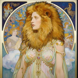 aesthetic portrait commission of an albino woman looking of to the side with a lion's mane wearing a pastel Greek jeweled outfit in the clouds, minimalistic art, hyperdetailed detailed, by Alphonse Mucha, Ayami Kojima, Amano, Charlie Bowater, Karol Bak, Greg Hildebrandt, Jean Delville, Pablo Picasso and Mark Brooks, Art Nouveau, Neo-Gothic, gothic, iridescent deep colors award winning painting