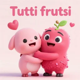 happy cute friendly fun hugging tutti frutti characters, pixar, digital, vivid, hyperdetailed