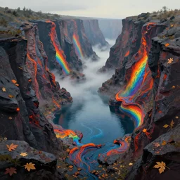 lake made of lava lamp landscape deep canyon rainbow mist shaped rocks leaves are everywhere, deep focus, intricate, highly detailed, digital painting, artstation, concept art, matte, sharp focus, illustration, art by artgerm and greg rutkowski